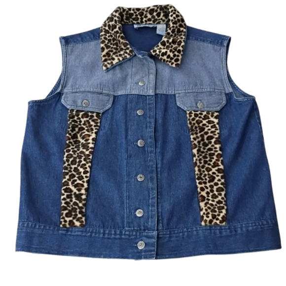 Marisol Y2K Two-Tone Demin Leopard Animal Print Jean Vest Small Boho Urban Chic - Picture 3 of 11